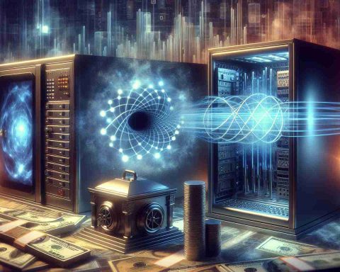 Generate a highly detailed and realistic image showcasing the revolution of quantum computing. It should illustrate advanced computers with an ambiance of futuristic technology. The scene could also hint at the imminent transformation of banking industry due to this quantum leap in computing, possibly through the depiction of banking symbols such as vaults or currencies teetering on a precipice of change.