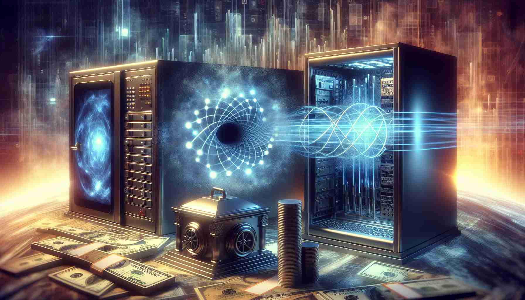 Generate a highly detailed and realistic image showcasing the revolution of quantum computing. It should illustrate advanced computers with an ambiance of futuristic technology. The scene could also hint at the imminent transformation of banking industry due to this quantum leap in computing, possibly through the depiction of banking symbols such as vaults or currencies teetering on a precipice of change.