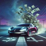 A high-definition, realistic illustration portraying the metaphorical scene of an ion-powered surge racing car, signifying Tesla's surge in the market. The car is sleek, futuristically designed, and it's running on a marked race track, with dollar bills instead of smoke wafting behind. The sky in the backdrop has no boundaries, symbolizing the limitless potential, painted in stunning hues of twilight purple merging into midnight blue. Tiny, glittering stars are beginning to appear in the sky, suggesting a bright future ahead.