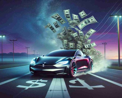 A high-definition, realistic illustration portraying the metaphorical scene of an ion-powered surge racing car, signifying Tesla's surge in the market. The car is sleek, futuristically designed, and it's running on a marked race track, with dollar bills instead of smoke wafting behind. The sky in the backdrop has no boundaries, symbolizing the limitless potential, painted in stunning hues of twilight purple merging into midnight blue. Tiny, glittering stars are beginning to appear in the sky, suggesting a bright future ahead.