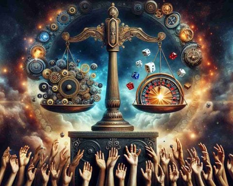 An intricately detailed, high-definition image that symbolizes the concept of 'Artificial Intelligence: Revolution or Risky Gamble?'. Picture a classic scale balanced on a pillar. On one side of the scale, items signifying revolution - gears, circuit boards, and glowing light bulbs. On the other side, items signifying risk - dice, roulette wheel, and the Fool Tarot card. The background is a dark cosmic sky, symbolizing the unknown future. In the foreground, diverse hands of different genders and descents are reaching towards the scale, representing the collective humanity grappling with these potential futures.