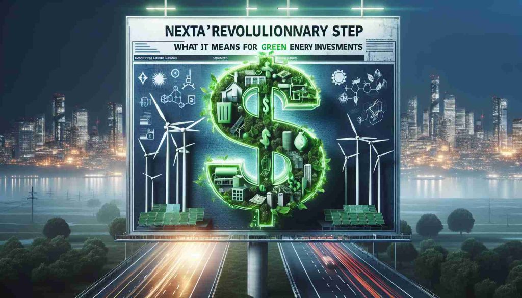 A highly detailed and realistic image of a headline that reads 'Nextera's Revolutionary Step: What It Means for Green Energy Investments'. The image could also feature a symbolic representation of green energy investments such as a stylized green dollar sign embedded with symbols of renewable energy like wind turbines, solar panels, and biofuel plants, indicating the investment into green energy. The backdrop of this image should be a futuristic city skyline powered entirely by renewable energy sources.