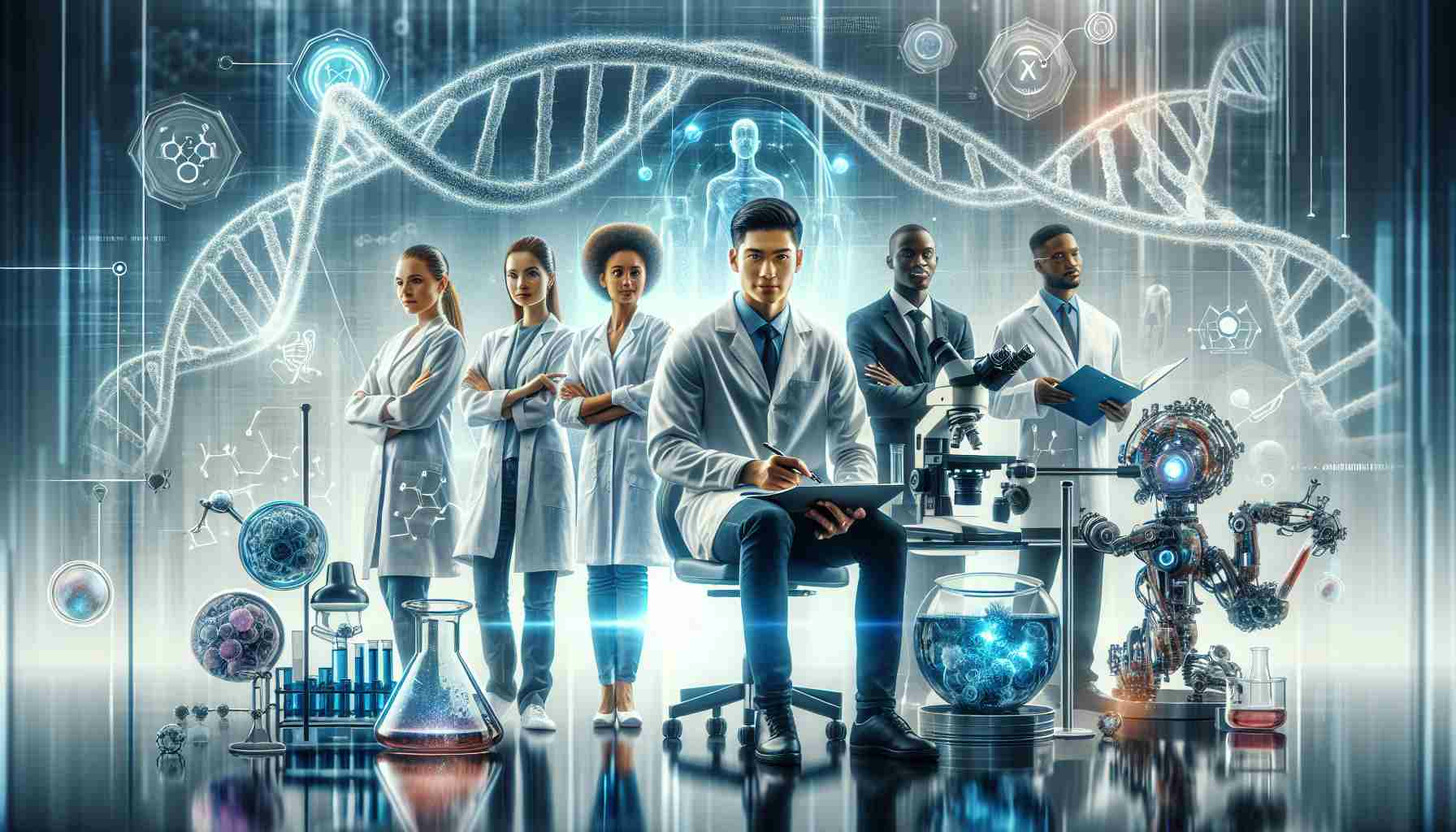 Create a realistic high-definition image depicting the concept of a revolution in the biotech industry led by artificial intelligence. This scene should showcase an innovative startup that has caught the attention of investors. The startup's lab should be full of high-tech equipment, featuring AI-controlled microscopes, robotics for medical use, and futuristic bioengineering technology. The diverse team includes a South Asian woman as a scientist, an African man as a biomedical engineer, and a Hispanic woman as the CEO. Also include abstract representations of DNA and AI symbology to signify the blend of biological and artificial technologies.