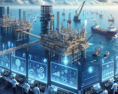 Realistic high-definition image of a new venture in the energy sector, featuring advanced transformation of offshore oil exploration with the implementation of Artificial Intelligence. Imagine a sprawling offshore oil rig with state-of-the-art technology and machinery, surrounded by the vast blue ocean. Closer inspection reveals advanced computer systems with displays showing complex computations, signifying the use of AI technologies. Human workers, a mixture of men and women from varied descents such as Caucasian, Hispanic, Black and Middle-Eastern, cooperate seamlessly with the AI-controlled systems, marking an era of combined human and AI prowess in offshore oil exploration.