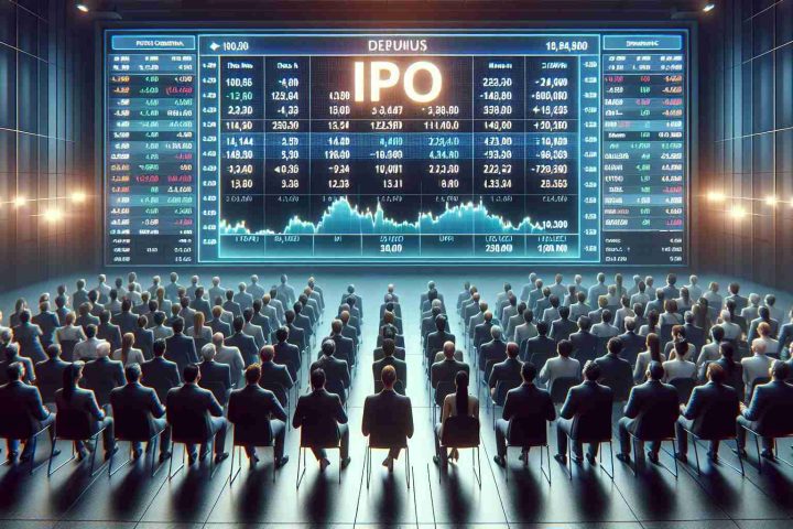 Realistic high definition image of a fictional IPO debut. The shot includes a lot of excited investors, all eyes on the large digital stock exchange board, displaying the financial data of a debutant company called 'Suraksha Diagnostic'. The atmosphere is tense yet hopeful.