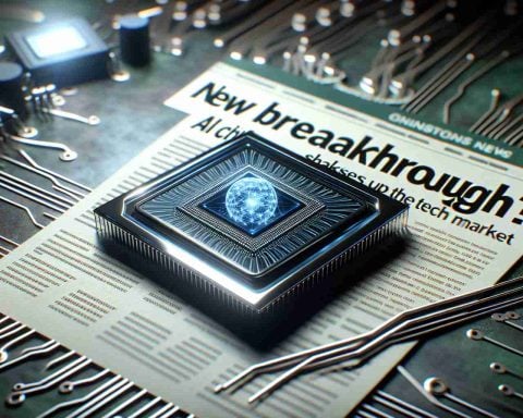 An HD quality image of a news headline saying 'New Breakthrough? AI Chip Shakes Up the Tech Market', alongside a realistic depiction of an advanced and glossy AI chip with a modern and sleek design. The background suggests a tech environment, with circuit diagrams and other high-tech paraphernalia included subtly.