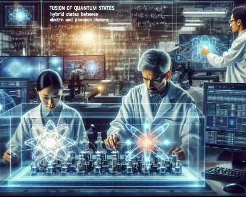 Create a high definition, realistic depiction of quantum physics in action. Scientists are seen mastering the hybrid states between electrons and photons. This involves an advanced laboratory setting filled with high-tech equipment, monitors displaying complex formulas, and glowing representations of quantum states. The scientists are engrossed in their cutting-edge work. An Asian female scientist is adjusting a large device while a Middle Eastern male scientist cross-references data on a holographic screen. The ambiance is filled with a futuristic yet academic environment reflecting the fusion of electron-photon states.