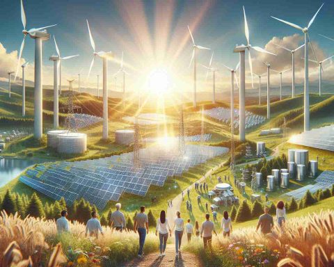 Create a realistic high-definition image depicting an idyllic future for renewable energy. Feature trends revolutionizing the industry such as awe-inspiring solar panel arrays sparkling in the sun, majestic wind turbines spinning on a lush landscape, advanced energy storage systems, and people, both men and women of various descents like Caucasian, Hispanic, and South-Asian, cheerfully working together in this environment. Let it evoke a sense of brightness, innovation, and hope for a sustainable future.