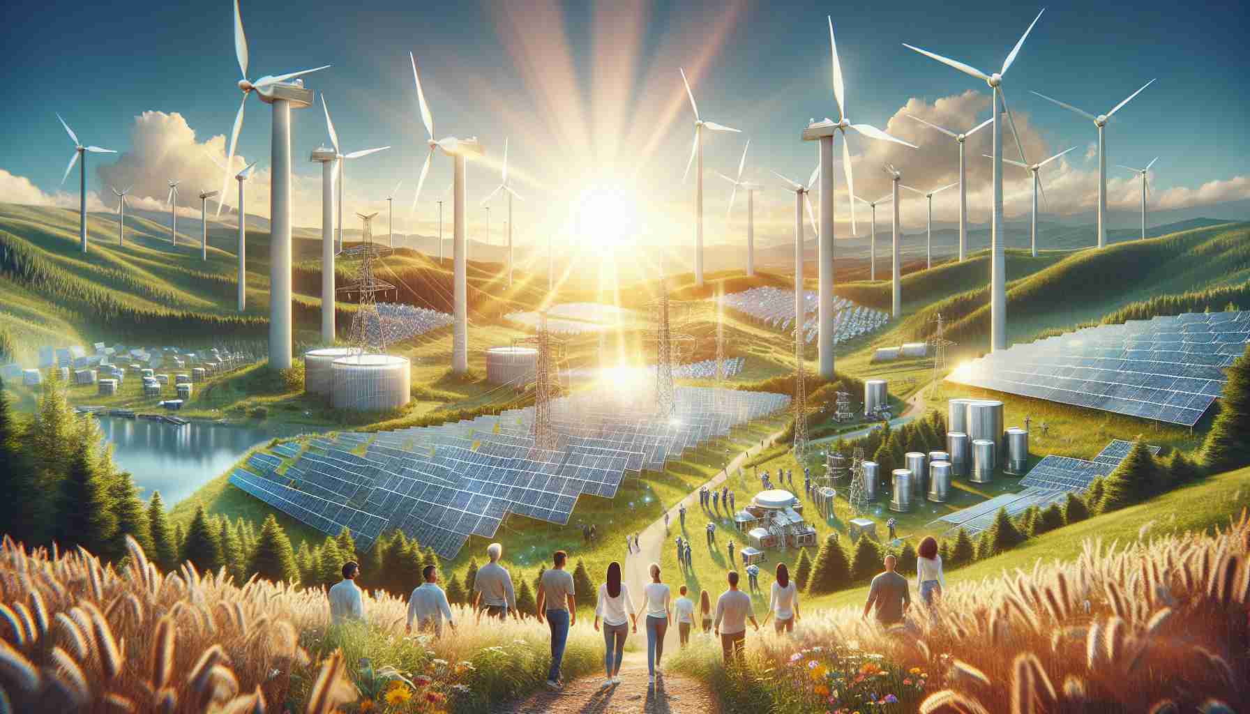 Create a realistic high-definition image depicting an idyllic future for renewable energy. Feature trends revolutionizing the industry such as awe-inspiring solar panel arrays sparkling in the sun, majestic wind turbines spinning on a lush landscape, advanced energy storage systems, and people, both men and women of various descents like Caucasian, Hispanic, and South-Asian, cheerfully working together in this environment. Let it evoke a sense of brightness, innovation, and hope for a sustainable future.