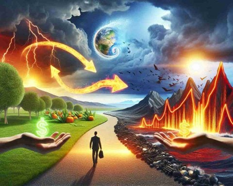 A high-definition realistic image depicting the concept of 'Sizzling Returns or Hidden Risks'. The scene should show a symbolic representation of Energy Transfer, perhaps with arrows or other symbols indicating transfer. This could be visualized with an energy symbol being passed or moved from one area to another. Additionally, one side of the image could portray the sizzling returns, symbolized by a vibrant, prosperous landscape. The other side could reveal hidden risks, symbolized with a stormy sky, rough sea, or other visual representations of danger or risk.