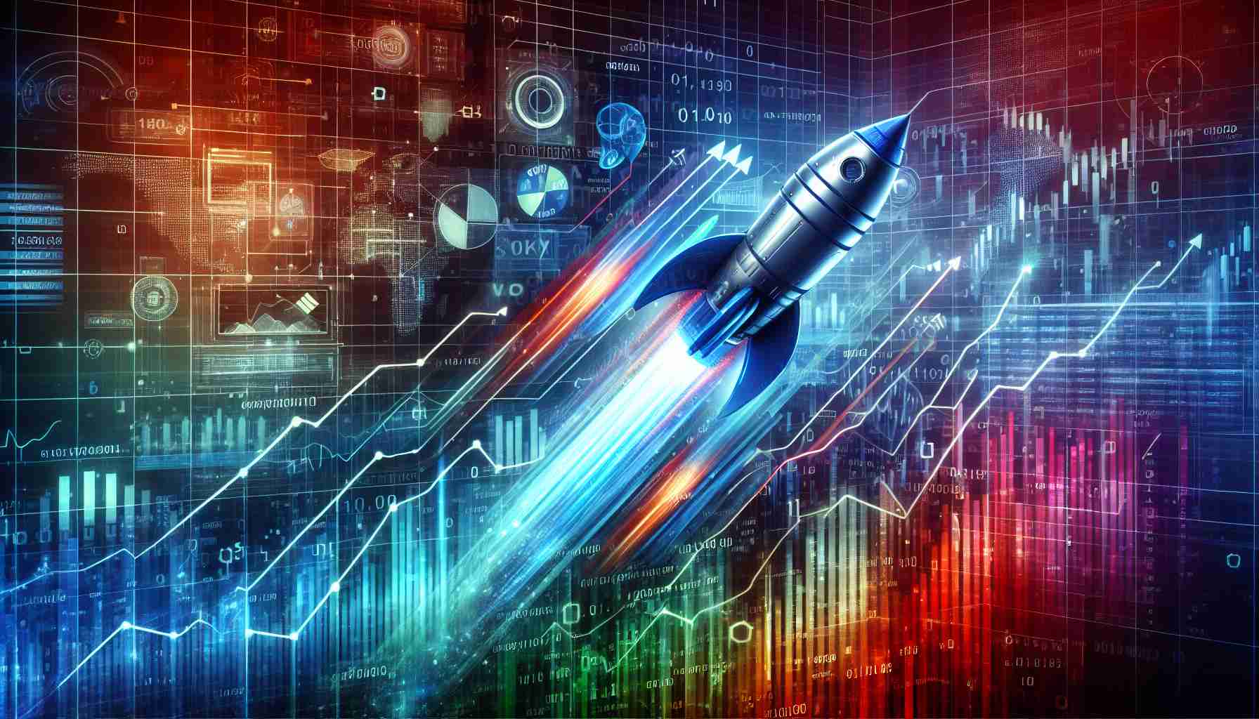 Create a high-definition, realistic image representing a massive surge in technology stocks. The visualization should be akin to a skyrocket taking off, symbolizing the extraordinary growth. Please include various aspects to represent the tech world such as logos of generic technology gadgets, computer code snippets, and binary numbers superimposed onto a stock market graph that is showing a sharp upward trend. Use vibrant hues to portray the energy and dynamism of the tech world.