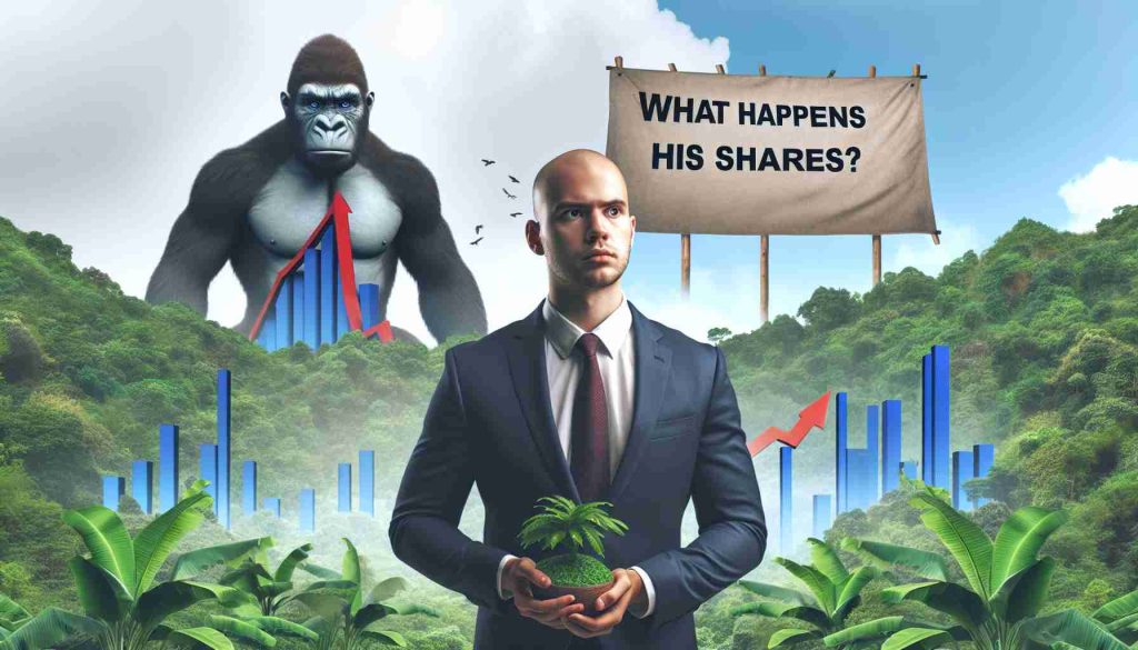 Create a realistic HD image where a businessman, who is of medium build and bald, is standing in front of a jungle representing change. In the background, there's a question on a banner - 'What Happens to His Shares?'