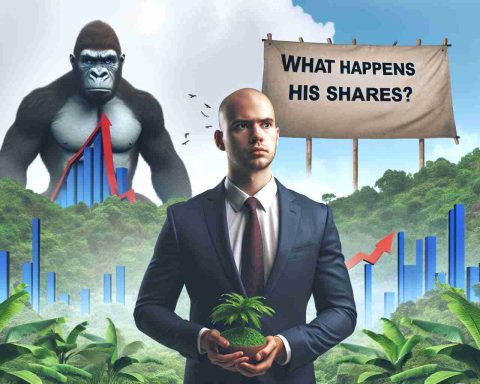 Create a realistic HD image where a businessman, who is of medium build and bald, is standing in front of a jungle representing change. In the background, there's a question on a banner - 'What Happens to His Shares?'