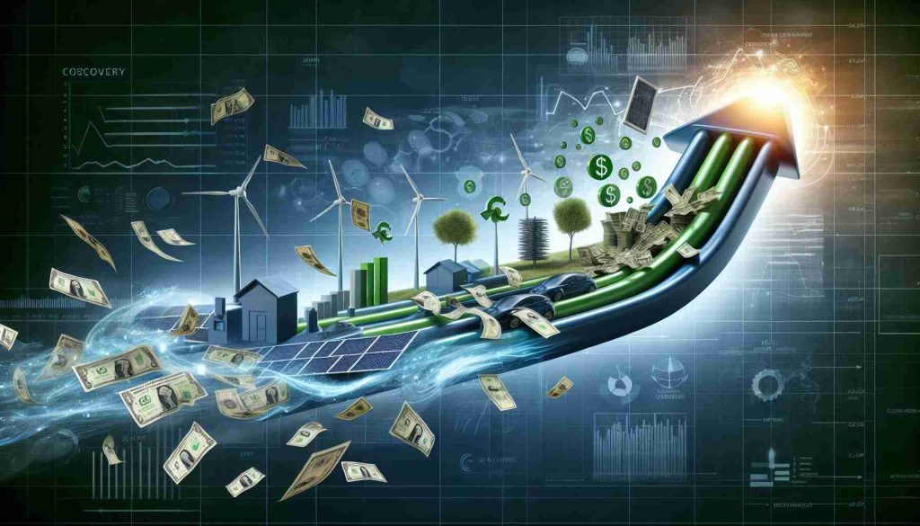 Depict a high-definition, realistic image symbolizing the surge of investment in green energy. Visually represent this as a flow of cash or money transforming into symbols of renewable and sustainable energy sources such as solar panels, wind turbines, geothermal plants, and electric cars. Make sure to indicate the sense of discovery and the driving forces behind this boom, possibly through charts, graphs or arrow indicators.