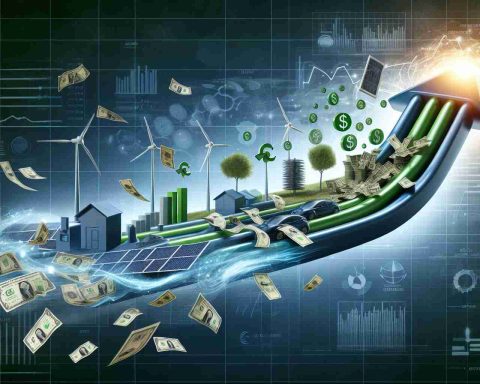 Depict a high-definition, realistic image symbolizing the surge of investment in green energy. Visually represent this as a flow of cash or money transforming into symbols of renewable and sustainable energy sources such as solar panels, wind turbines, geothermal plants, and electric cars. Make sure to indicate the sense of discovery and the driving forces behind this boom, possibly through charts, graphs or arrow indicators.