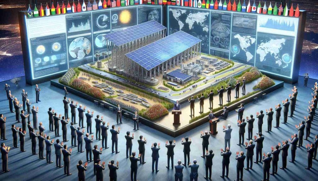 A detailed and realistic high-definition image depicting a grand unveiling event for immense solar energy plans. The scene showcases various world figures, whose identities are not specific, gathered around a large-scale model of a futuristic solar farm. They are seen expressing excitement and approval, indicating global commitment to renewable energy sources. Note a backdrop displaying diagrams and charts highlighting the potential impact and benefits of solar energy on a global scale.