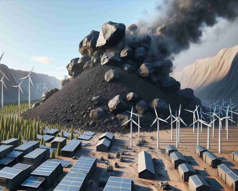 High-resolution realistic image of a scene depicting the resurgence of coal usage. The pile of coal is significant, portrayed as a sign of a surprising comeback. Separate from this, imagine a looming depiction of renewable energy sources such as wind turbines, solar panels and hydroeolic plants are present and vying for their place in the energy sector. The tension between the two energy sources is palpable and calls into question what these developments could mean for the future of clean energy.