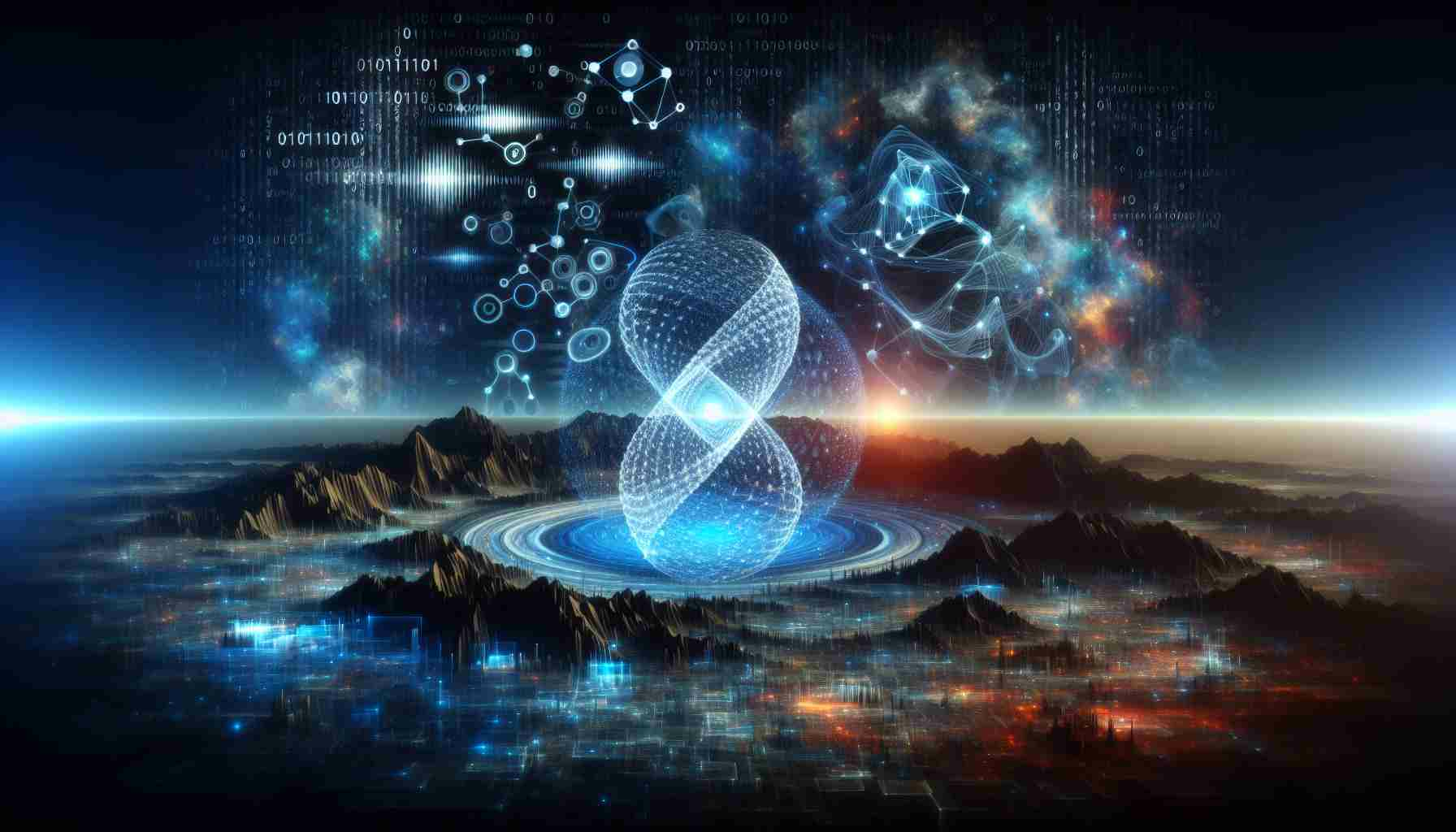 Generate a high-definition, realistic image that symbolically represents the revolution in quantum computing, revealing the future synergy with artificial intelligence technologies. The image can include quantum computers' abstract representations or visual metaphors, perhaps including binary code, complex algorithms, and futuristic digital landscapes.
