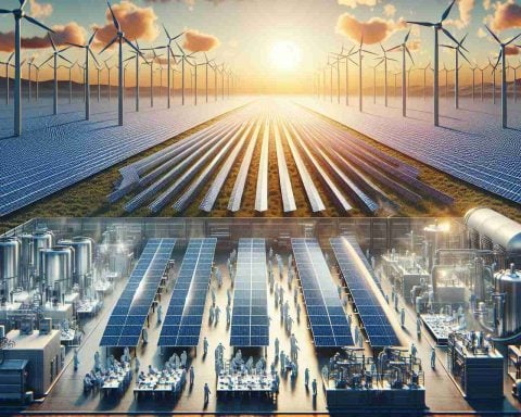 Generate a high-definition, realistic image depicting the revolution in renewable energy. Illustrate an innovative solar technology company named 'ACME Solar' that is causing significant changes in the industry. The scene should portray solar panels widely distributed across vast fields, arrays of wind turbines on the horizon, and perhaps a bustling research facility filled with dedicated scientists and engineers, all emblematic of ACME Solar's groundbreaking contributions.