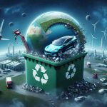 Create a high-definition, realistic image that signifies Tesla's initiative towards sustainable battery recycling. Display a visual representation of what's at stake, depicting the global implications this move could have. It should capture an eco-friendly approach to battery recycling that's forward thinking, and hint at the ripple effects this action could have on the world. Please explicitly avoid showing any identifiable individuals or real people in the image.