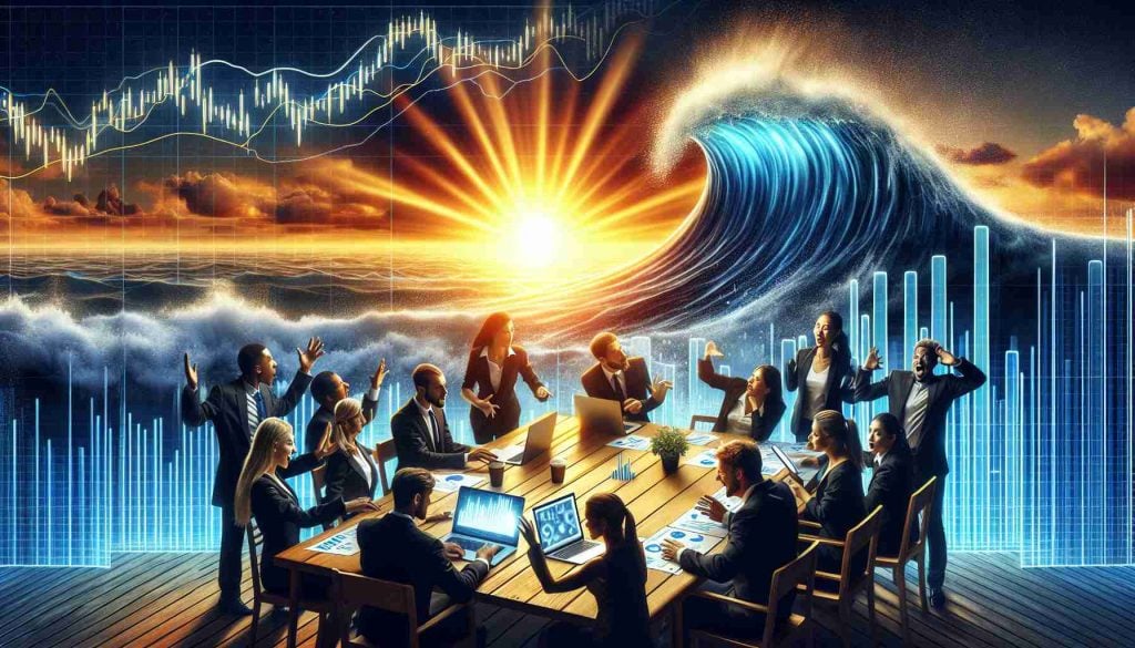 Generate a realistic, high-definition image depicting the concept of earnings from a tech company possibly turning the tide. The scene should evoke surprise and anticipation among hypothetical investors. Possible elements to include could be a rising sun symbolizing the company's 'dawn,' a surging wave representing the 'turning tide,' and diverse people revealing expressions of surprise and excitement as they examine graphs and charts of increasing revenue.