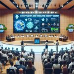 Generate a high-definition realistic image illustrating a debate around investments and innovations in the clean energy sector. The setting is a spacious auditorium with wood-paneled walls and ceiling. It's filled with a diverse array of people attending the debate. To one side, a South Asian woman presenting details about innovative clean energy options on a large screen, and on the other side, a Middle-Eastern man valiantly arguing about the financial aspects of such investments. The audience, composed of people of varying ethnicity and gender, show rapt interest.