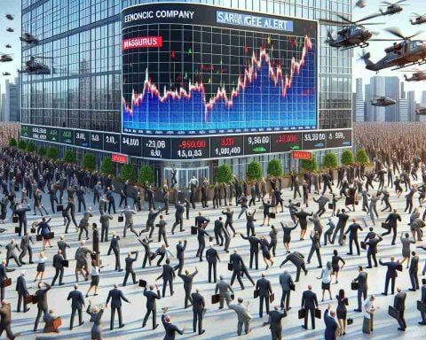 Illustrate a high-resolution, thoroughly detailed scene depicting a major economic event. It's a massive surge alert scenario where numerous investors are swarming towards a significant energy company. The image should reflect a rush of investors, represented as diverse crowd of both men and women of various descents such as Caucasian, Hispanic, Black, Middle-Eastern, and South Asian. The energy company building should look impressive and dominating, with logos depicting energy resources like oil rigs, solar panels, or wind turbines. Metaphorically visualize mayhem in stock market represented by dynamic charts and graphs on screens and digital billboards.