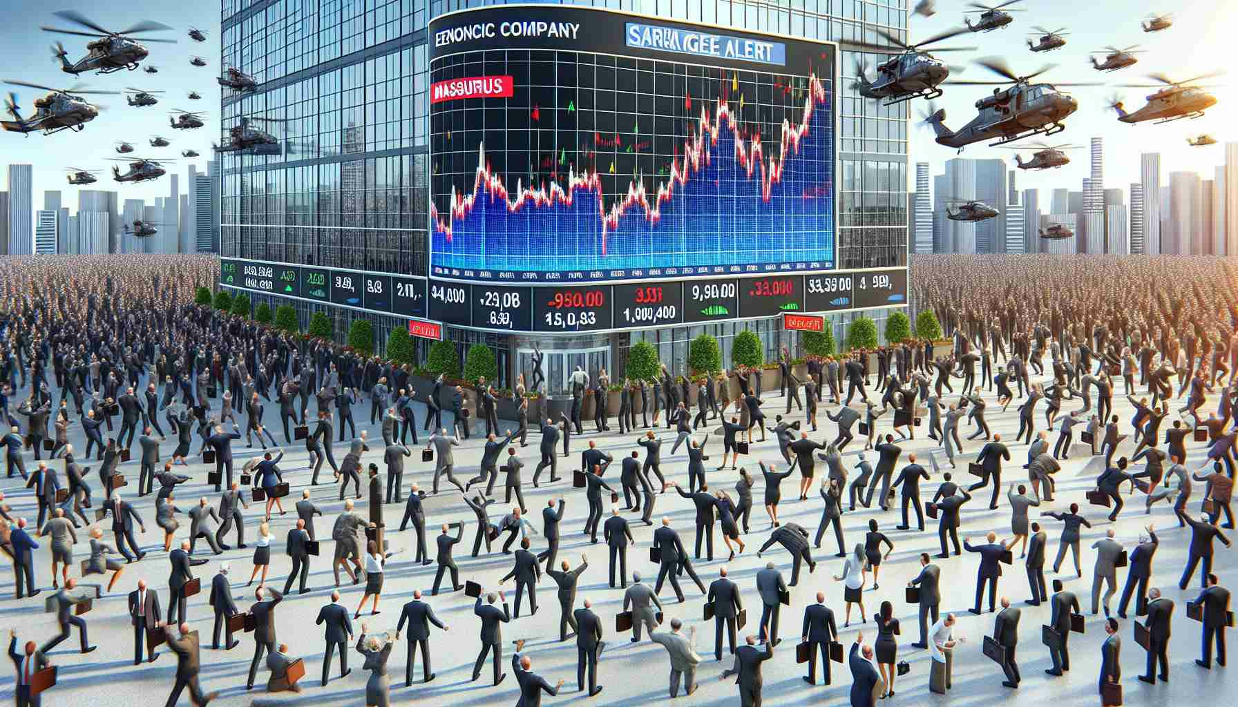 Illustrate a high-resolution, thoroughly detailed scene depicting a major economic event. It's a massive surge alert scenario where numerous investors are swarming towards a significant energy company. The image should reflect a rush of investors, represented as diverse crowd of both men and women of various descents such as Caucasian, Hispanic, Black, Middle-Eastern, and South Asian. The energy company building should look impressive and dominating, with logos depicting energy resources like oil rigs, solar panels, or wind turbines. Metaphorically visualize mayhem in stock market represented by dynamic charts and graphs on screens and digital billboards.