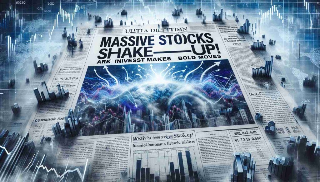 A high-definition, ultra-realistic image of a financial newspaper headline, pronouncing 'Massive Stocks Shake-Up! ARK Invest Makes Bold Moves'. The backdrop displays turbulent financial charts with arrows pointing in different directions, exhibiting overwhelming volatility. Elements of the financial sector—like stock market tickers and bar graphs—are scattered across the paper. The color palette is dominated by corporate blues, greys, and whites, reflecting the seriousness of the financial world.