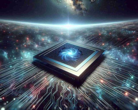 Realistic high-definition image depicting a conceptual interpretation of Quantum Leap, the significance in quantum computing development. Visualize a futuristic, ultra-fast chip placed on a background that resembles the cosmos, to metaphorically represent the technology's potential to 'outpace' the universe.