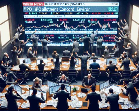 Create a realistic HD image of a tense situation where a diverse group of investors is keeping a close eye on stock market screens. The screens display news about the IPO allotment of a hypothetical company called Concord Enviro. Reflect emotions of anticipation and uncertainty. The environment should also illustrate the grey market's activity - perhaps through paperwork, bustling phone calls, and stock market tickers.