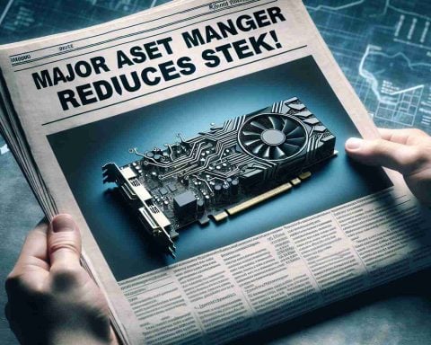 A high-resolution realistic visual representation of a symbolic scene. Picture a newspaper headline reading 'Major Asset Manager Reduces Stake!' overlaid on an image of a graphics card, signifying a significant event in the world of technology and finance. The graphics card should resemble a popular model without any specific branding or logos.