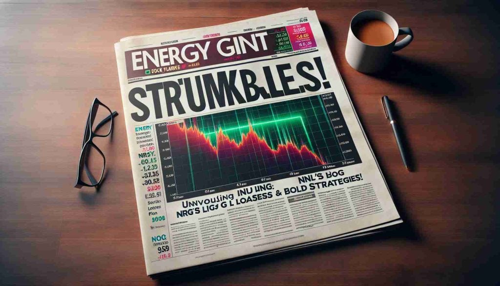 A high-definition, realistic image of a newspaper front page headlined 'Energy Giant Stumbles! Unveiling NRG's Big Losses and Bold Strategies'. The newspaper is placed on a wooden table with some coffee and a pair of reading glasses residing next to it. The front-page features stock market graphs showing a steep decline, and smaller headlines discussing strategic plans and potential rebounds.