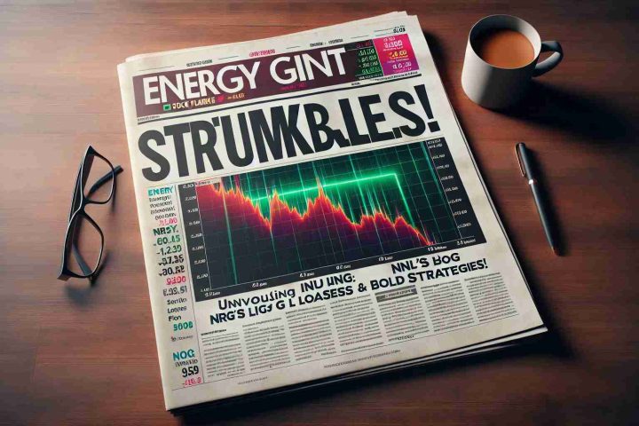 A high-definition, realistic image of a newspaper front page headlined 'Energy Giant Stumbles! Unveiling NRG's Big Losses and Bold Strategies'. The newspaper is placed on a wooden table with some coffee and a pair of reading glasses residing next to it. The front-page features stock market graphs showing a steep decline, and smaller headlines discussing strategic plans and potential rebounds.