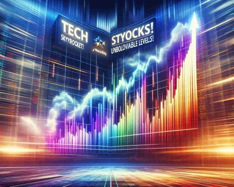 Illustrate an HD image of a soaring chart, symbolic of tech stocks skyrocketing. The chart should be dominated by a clear upward trend line with high spikes, thus indicating a bull market. Use vibrant colors to indicate positivity and growth. In the background, display the logo of Nasdaq. Accompany the scene with a large banner headline stating 'Tech Stocks Skyrocket! Nasdaq Soars to Unbelievable Levels!'. The depiction should be realistic and detailed for a gripping visual representation of stock market buoyancy.