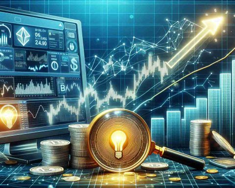 A high-definition realistic image representing the sudden rise of a generic cryptocurrency exchange platform, visualized as a graph displaying an upward trend, along with symbolic elements like coins, computers, and digital screens with fluctuating market indexes. The image should also incorporate a sense of discovery, perhaps with a magnifying glass focusing on the spike or light bulb to symbolize the triggering event.