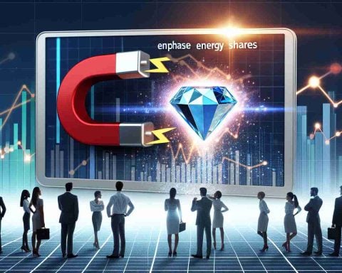 An HD photo showcasing the concept of Enphase Energy shares being attractive to investors. The image could feature a metaphorical representation of this idea, such as a sparkling diamond or magnet, symbolizing the attraction. The picture can also include diverse individuals scrutinizing the symbol, depicting 'investors'. Lastly, there could be a graph in the background, signifying energy shares, possibly showing a rising trend to demonstrate its popularity.