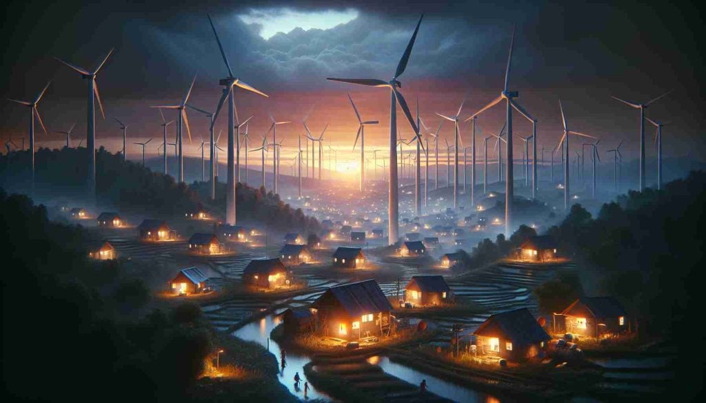 Produce a realistic high-definition image depicting the silent yet impactful revolution led by wind energy. Visualize a rural community being uplifted and transformed due to the introduction of wind turbines. It's evening, the wind turbines stand tall amidst the landscape, empowering the once energy-deprived community with a self-sufficient and sustainable power solution. Show homes now illuminated by the renewable energy, wind rushing through the turbines, children playing safely nearby, knowing their future is secure. Display progression, hope, and transformation through the image.