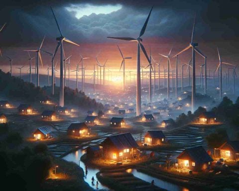 Produce a realistic high-definition image depicting the silent yet impactful revolution led by wind energy. Visualize a rural community being uplifted and transformed due to the introduction of wind turbines. It's evening, the wind turbines stand tall amidst the landscape, empowering the once energy-deprived community with a self-sufficient and sustainable power solution. Show homes now illuminated by the renewable energy, wind rushing through the turbines, children playing safely nearby, knowing their future is secure. Display progression, hope, and transformation through the image.