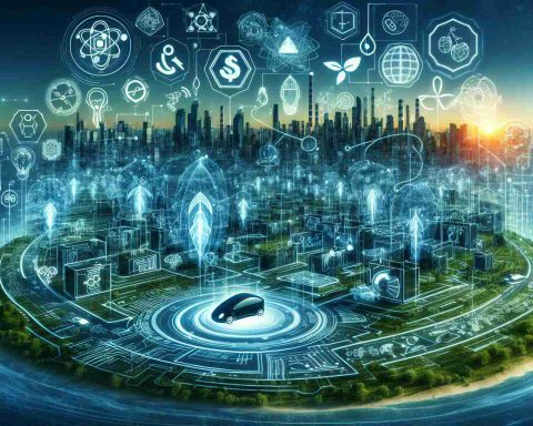 A high-definition image representing the secret strategies of a certain electric vehicle company, shown through a series of abstract symbols and futuristic insignia. These could include a series of digital blueprints, unmarked patents, and eco-friendly innovations. The surroundings should depict a world where these strategies could potentially influence our future. Perhaps the skyline alters to represent green energy, citywide electric vehicle charging stations, and reusable rocket launches. The overall imagery should invoke thoughts and speculation about the unforeseen consequences of advancements in clean and renewable energy technologies.