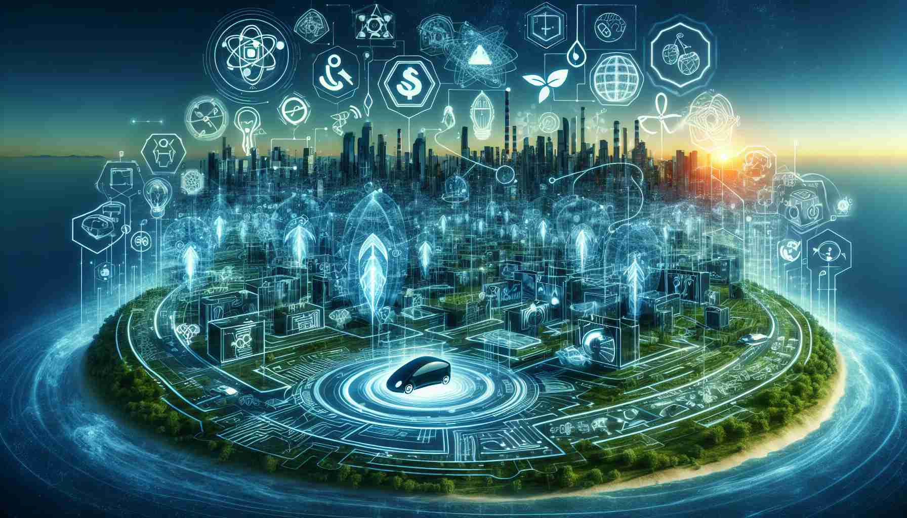 A high-definition image representing the secret strategies of a certain electric vehicle company, shown through a series of abstract symbols and futuristic insignia. These could include a series of digital blueprints, unmarked patents, and eco-friendly innovations. The surroundings should depict a world where these strategies could potentially influence our future. Perhaps the skyline alters to represent green energy, citywide electric vehicle charging stations, and reusable rocket launches. The overall imagery should invoke thoughts and speculation about the unforeseen consequences of advancements in clean and renewable energy technologies.