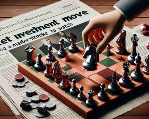 An image depicting a hypothetical scene of a successful investment move inspired by a famous financier. The scene shows a hand moving a knight piece, symbolic of a strategic move, on a chessboard which is defined as the investment market. Various assets and stocks are represented by the other chess pieces. There is a newspaper with a headline reading 'Latest Investment Move: A Masterstroke to Watch', laid out on a wooden table next to the chessboard.