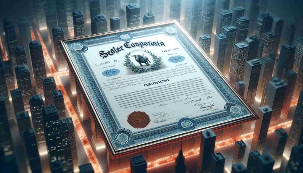 A high-definition, realistic representation of a successful investment, symbolically represented by an enlargement of a share certificate associated with a major multinational retail corporation. The certificate showcases impressive financial worth.