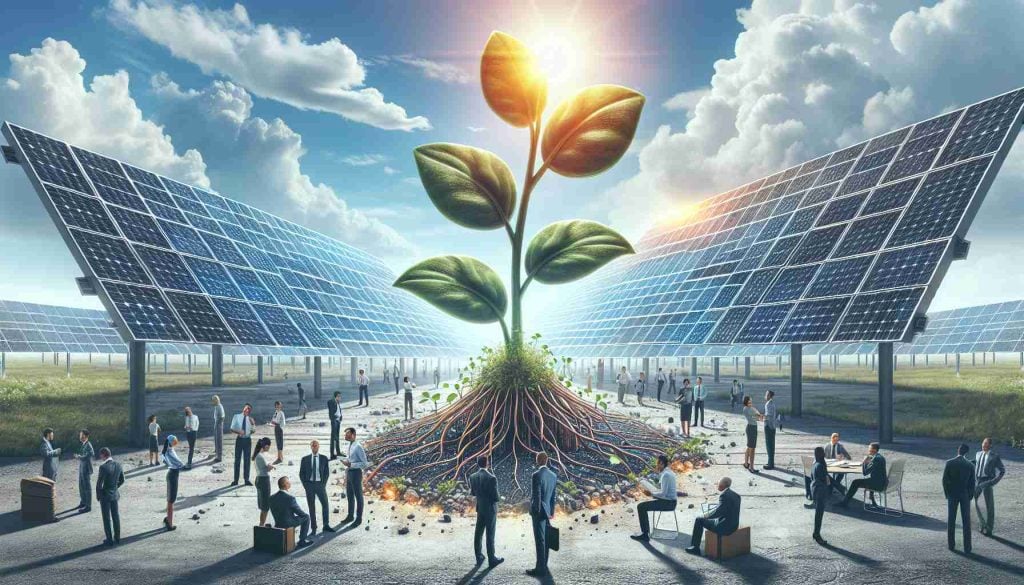 A realistic high-definition illustration featuring the concept of unprecedented growth in the energy sector. The primary focus is on a symbolic representation of a company driving major changes in this field. There are sprawling solar panels beautifully laid out under a sunny sky, indication a robust production of renewable energy. On the ground, a large, thriving plant is bursting through the concrete, showcasing the surprising growth and resilience of the sector. Around this, business executives and engineers of diverse nationalities and genders are engaged in discussion, indicating the company's active role in propelling advancements.