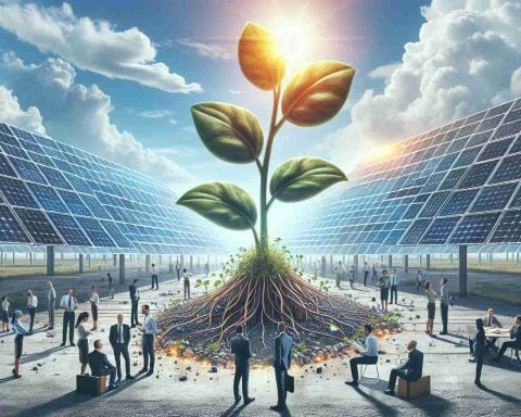 A realistic high-definition illustration featuring the concept of unprecedented growth in the energy sector. The primary focus is on a symbolic representation of a company driving major changes in this field. There are sprawling solar panels beautifully laid out under a sunny sky, indication a robust production of renewable energy. On the ground, a large, thriving plant is bursting through the concrete, showcasing the surprising growth and resilience of the sector. Around this, business executives and engineers of diverse nationalities and genders are engaged in discussion, indicating the company's active role in propelling advancements.