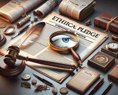 Realistic high definition image representing the ethical pledge of the media. This scene should symbolize the pursuit of truth that lies behind the headlines in journalism. The image could include elements related to journalism such as a newspaper, magnifying glass scrutinizing a headline, a quill representing traditional journalism, and a oath document representing ethical commitment. Please keep the image professional and inspirational.