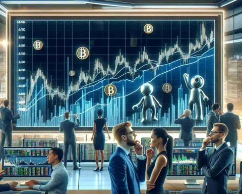 A high definition realistic representation of a large-scale movement in cryptocurrency stocks. Showcase a financial news segment where animated figures reflect investor decisions. Include a large monitor displaying a line graph with trend lines showing significant climbs and dips signifying the volatile nature of these investments. Incorporate diverse investors looking at the monitor, with expressions of deep thought, surprise, or excitement, indicative of their big, risky financial decisions. Ensure the backdrop depicts a busy, contemporary trading floor environment.