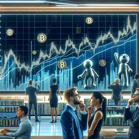 A high definition realistic representation of a large-scale movement in cryptocurrency stocks. Showcase a financial news segment where animated figures reflect investor decisions. Include a large monitor displaying a line graph with trend lines showing significant climbs and dips signifying the volatile nature of these investments. Incorporate diverse investors looking at the monitor, with expressions of deep thought, surprise, or excitement, indicative of their big, risky financial decisions. Ensure the backdrop depicts a busy, contemporary trading floor environment.