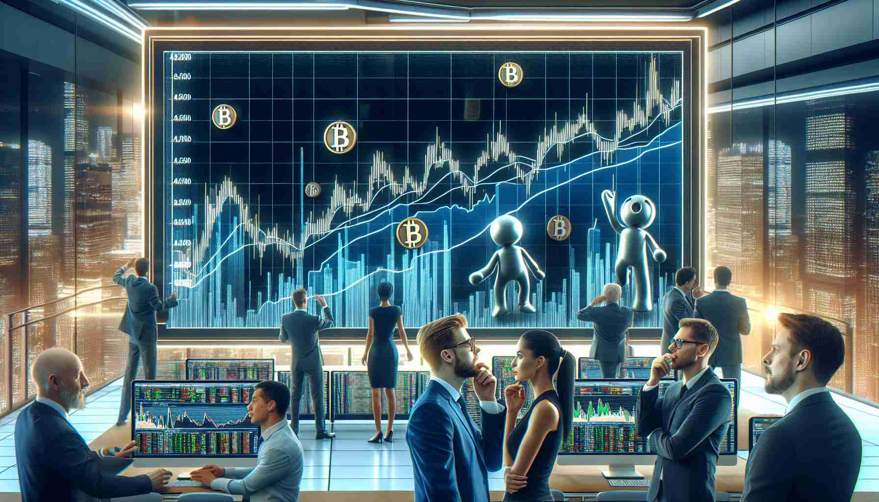 A high definition realistic representation of a large-scale movement in cryptocurrency stocks. Showcase a financial news segment where animated figures reflect investor decisions. Include a large monitor displaying a line graph with trend lines showing significant climbs and dips signifying the volatile nature of these investments. Incorporate diverse investors looking at the monitor, with expressions of deep thought, surprise, or excitement, indicative of their big, risky financial decisions. Ensure the backdrop depicts a busy, contemporary trading floor environment.