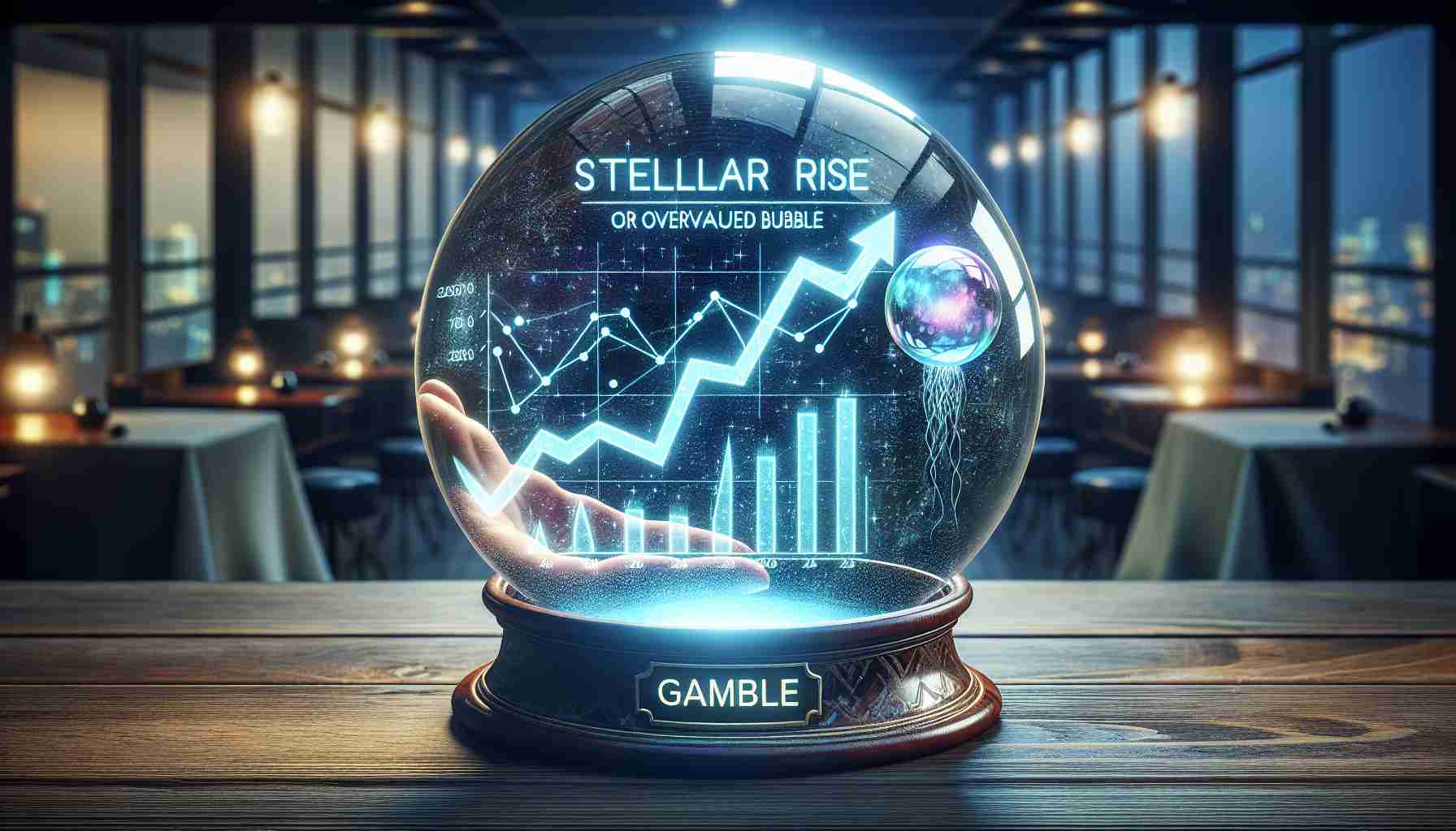 Generate a highly detailed, and realistic image representing the concept of 'Stellar Rise or Overvalued Bubble' as it pertains to the concept of a gamble in the year 2025. This should be a visual representation of hypothetical possibilities, featuring an upwards trending graph to represent 'Stellar Rise', and a fragile bubble to symbolize an 'Overvalued Bubble'. Please place these symbols within a fortune teller's crystal ball to signify the gamble aspect. The setting is in a modern, high-tech environment, symbolizing the year 2025.